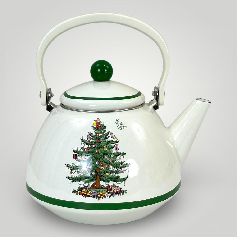 Christmas Tree Enamel Tea Pot White Green Holiday Kitchen Decor 7"